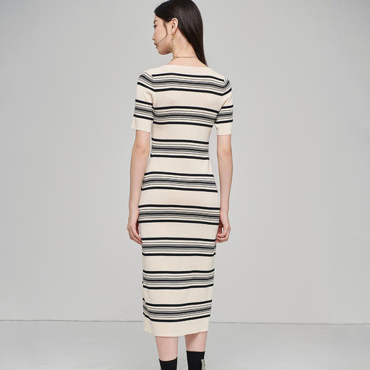 芳外秋季新款气质修身针织长裙时尚条纹露锁骨短袖连衣裙1728 商品图4