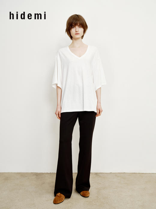 hidemi副线小h 深V领舒适简约亚麻短袖T恤 商品图2