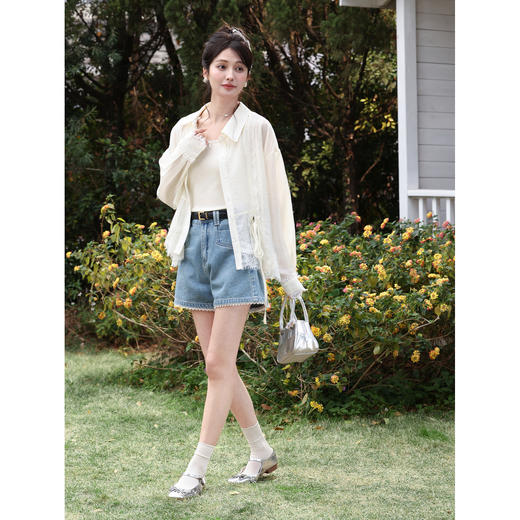 鹿向南「柔雾白月光」莱赛尔浅杏色衬衫女夏法式蕾丝拼接防晒上衣 商品图2