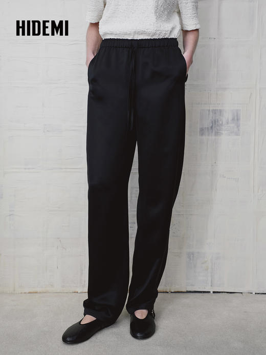 HIDEMI 缎面垂感宽松抽绳头直筒裤休闲裤长裤 商品图1