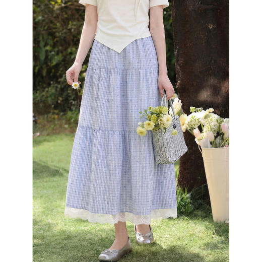 鹿向南「浅蓝织梦」蓝色小碎花蕾丝拼接半身裙女夏温柔感A字长裙 商品图0