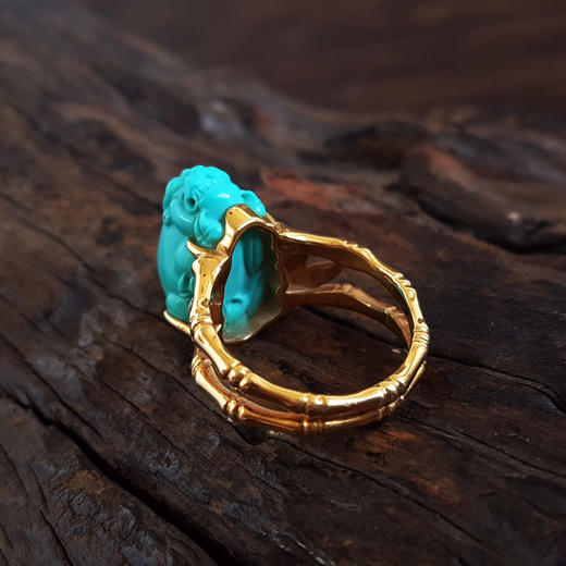 【天然正品】AU750黄金竹节造型镶钻镶天然高瓷高蓝瑞兽（招财）绿松石戒指18号060326NJS17 商品图7