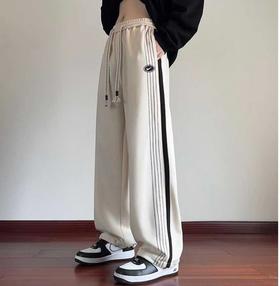 F031428时尚百搭纯色侧边拼接不对称条纹直筒学生休闲长裤