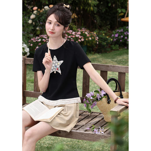 鹿向南「月光情诗」黑色短袖T恤女夏蕾丝拼接设计感时尚短款上衣 商品图4