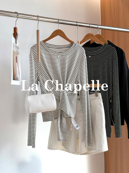 专柜实拍【高弹显瘦T恤】拉夏贝尔/La Chapelle圆领交叉下摆条纹长袖T恤不规则慵懒感百搭上衣 商品图1