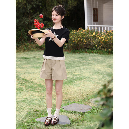 鹿向南「月光情诗」黑色短袖T恤女夏蕾丝拼接设计感时尚短款上衣 商品图2