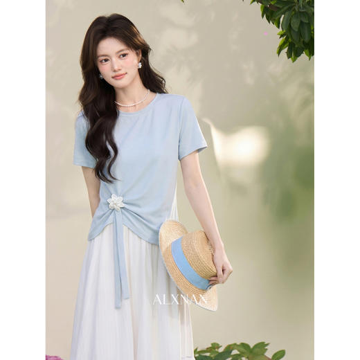 鹿向南「南巷清风」蓝色短袖T恤女夏季新款韩系chic漂亮减龄上衣 商品图1