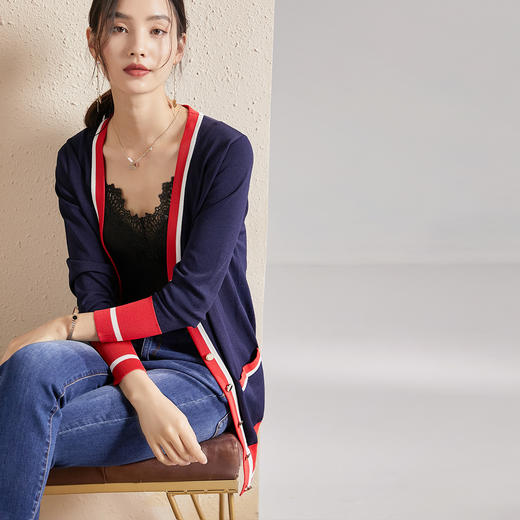 剩M/L 米思阳秋季时尚简约百搭拼色小香风针织开衫外套女 商品图0