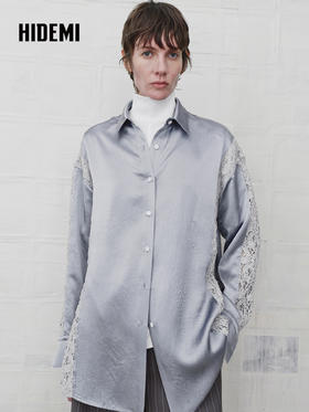 HIDEMI 设计感蕾丝镂空拼接翻领长袖衬衫