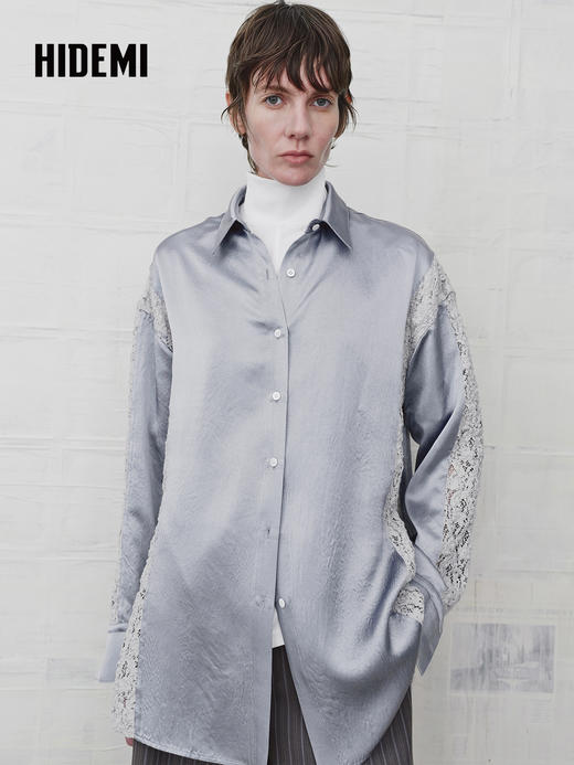 HIDEMI 设计感蕾丝镂空拼接翻领长袖衬衫 商品图0