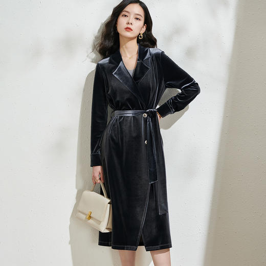 芳外春季新款知性气质顺滑丝绒西装领系带收腰长袖连衣裙1941 商品图1