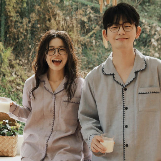 全棉双层纱~情侣款勾边翻领纯棉家居服长袖套装 无印风纱布男士纯色 商品图3