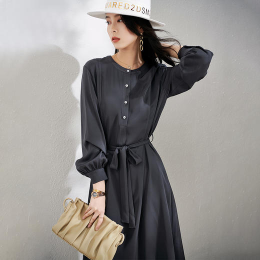 芳外春季新款时尚气质通勤中长裙宽松收腰长袖圆领连衣裙1531 商品图1