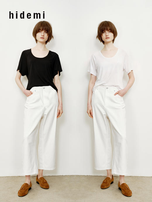 hidemi副线小h 莫代尔弹力圆领百搭短袖T恤上衣 商品图0