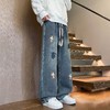 F031429新款十字架直筒水洗牛仔裤破卡面料宽松休闲长裤 商品缩略图5