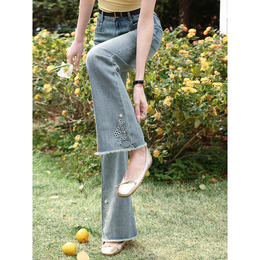 鹿向南「蓝屿花影」复古蓝色高腰显瘦牛仔裤女夏季小个子直筒长裤 商品图1