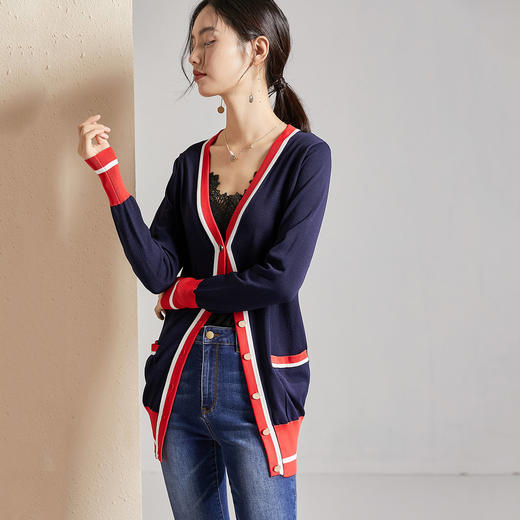 剩M/L 米思阳秋季时尚简约百搭拼色小香风针织开衫外套女 商品图1