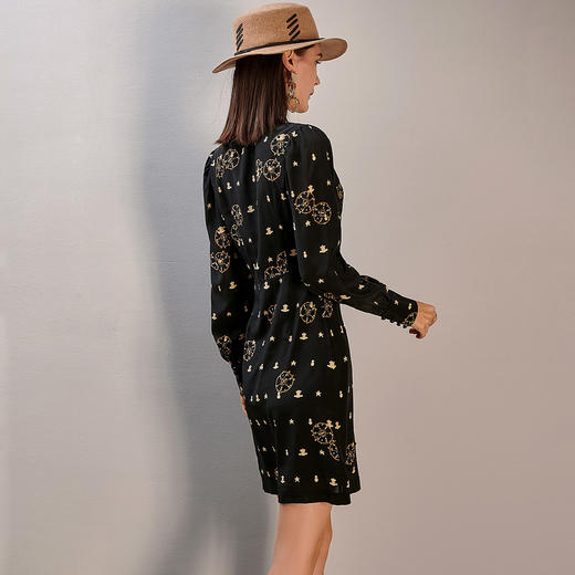 剩M 芳外春季新款通勤气质真丝连衣裙修身印花灯笼袖中长裙子0315 商品图4