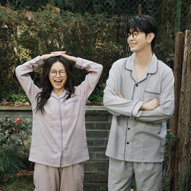 全棉双层纱~情侣款勾边翻领纯棉家居服长袖套装 无印风纱布男士纯色