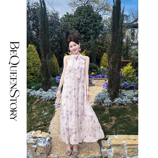 余潇潇【南池花语】2025新品印花压褶绣花漏肩挂脖连衣裙夏季紫色 商品图3