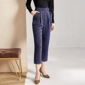 剩S 芳外春秋款竖条纹显瘦休闲裤女系带高腰时尚百搭女裤子