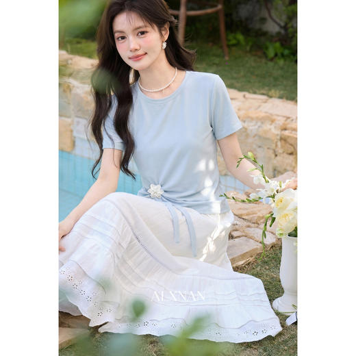 鹿向南「南巷清风」蓝色短袖T恤女夏季新款韩系chic漂亮减龄上衣 商品图3