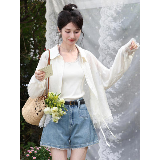 鹿向南「柔雾白月光」莱赛尔浅杏色衬衫女夏法式蕾丝拼接防晒上衣 商品图3