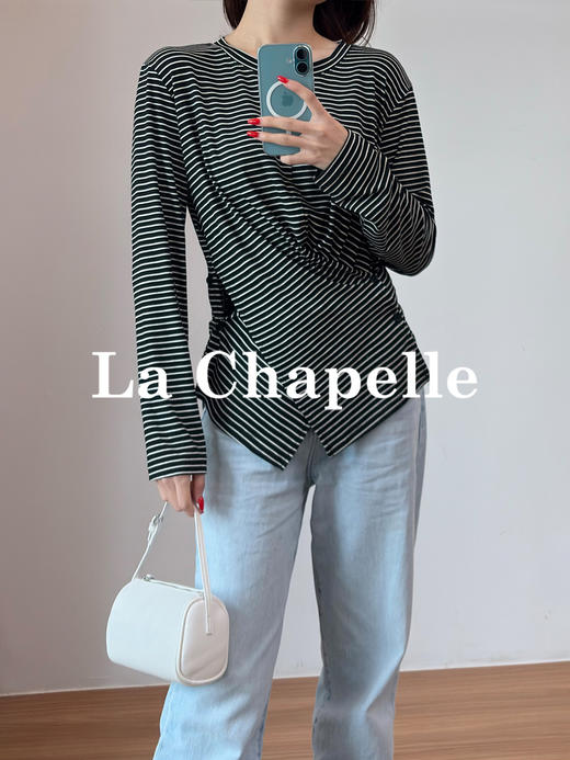 专柜实拍【高弹显瘦T恤】拉夏贝尔/La Chapelle圆领交叉下摆条纹长袖T恤不规则慵懒感百搭上衣 商品图8