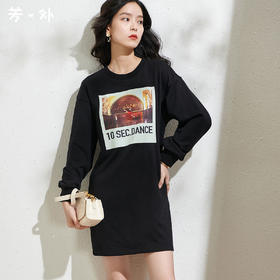 剩S/XL 芳外春季新款潮流印花套头卫衣裙时尚宽松休闲长袖连衣裙2055