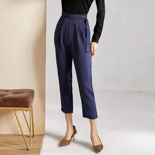 剩S 芳外春秋款竖条纹显瘦休闲裤女系带高腰时尚百搭女裤子 商品图4