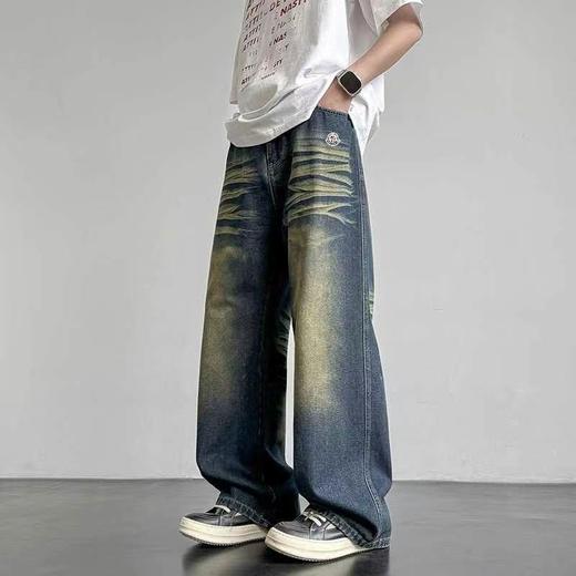 F031432复古港风潮牌情侣款弯刀宽松纯色拼接大口袋牛仔裤 商品图2