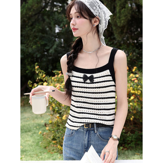 鹿向南「俏皮甜梦」黑白条纹吊带背心女夏季复古风减龄无袖上衣 商品图3