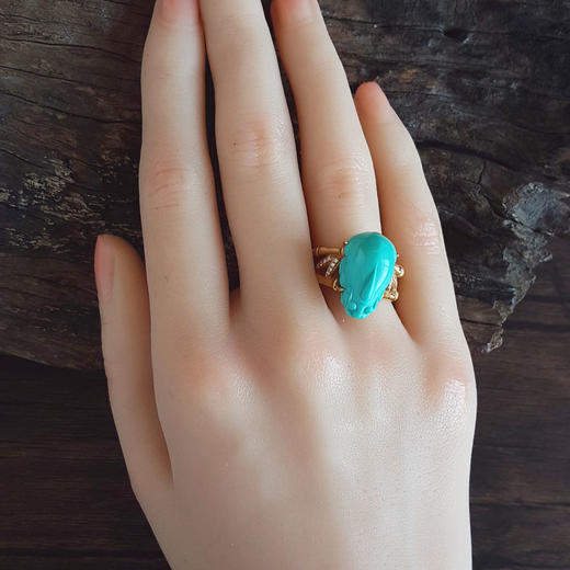 【天然正品】AU750黄金竹节造型镶钻镶天然高瓷高蓝瑞兽（招财）绿松石戒指18号060326NJS17 商品图8