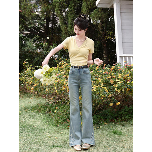 鹿向南「蓝屿花影」复古蓝色高腰显瘦牛仔裤女夏季小个子直筒长裤 商品图3