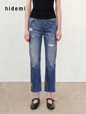 hidemi副线小h 破洞毛边直筒牛仔裤长裤