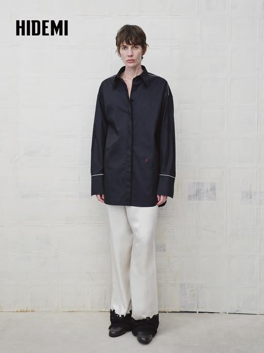 HIDEMI 设计感蕾丝拼接松紧腰缎感直筒裤休闲裤长裤 商品图4