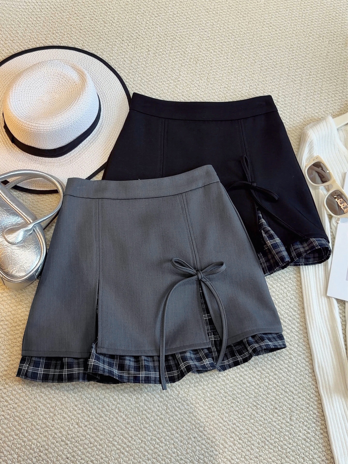 【小众设计款！高腰A字裙】春季格子拼接开叉西装半身裙 女2026新品气质灰色时尚高腰A字短裙