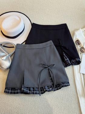 【小众设计款！高腰A字裙】春季格子拼接开叉西装半身裙 女2026新品气质灰色时尚高腰A字短裙