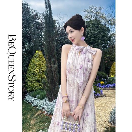 余潇潇【南池花语】2025新品印花压褶绣花漏肩挂脖连衣裙夏季紫色 商品图4