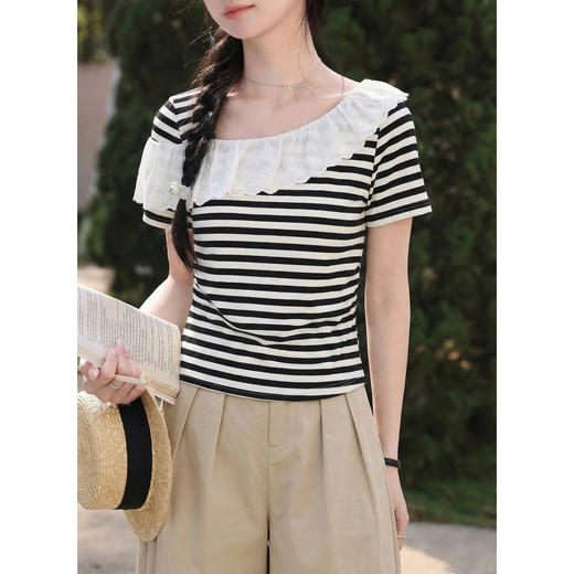 鹿向南「海上钢琴」设计感杏底黑条纹短袖T恤女夏季掐腰显瘦上衣 商品图0