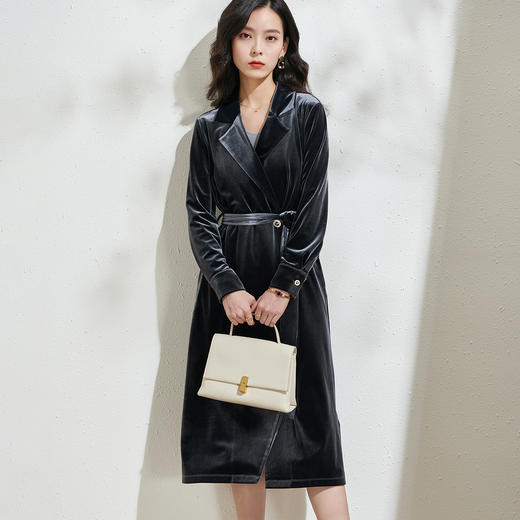 芳外春季新款知性气质顺滑丝绒西装领系带收腰长袖连衣裙1941 商品图3