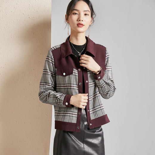 剩S/M 春秋款格纹拼接小香风外套女气质复古时尚翻领短外套 商品图1