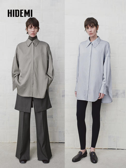 HIDEMI 极简设计感羊毛混纺条纹长袖翻领休闲衬衫 商品图0