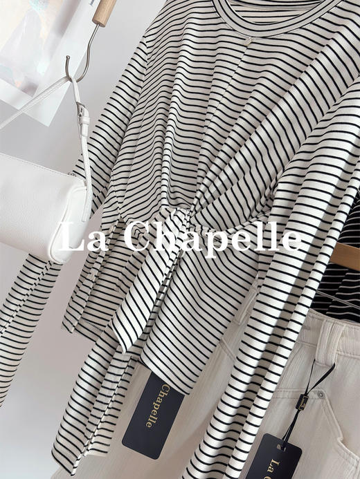 专柜实拍【高弹显瘦T恤】拉夏贝尔/La Chapelle圆领交叉下摆条纹长袖T恤不规则慵懒感百搭上衣 商品图4