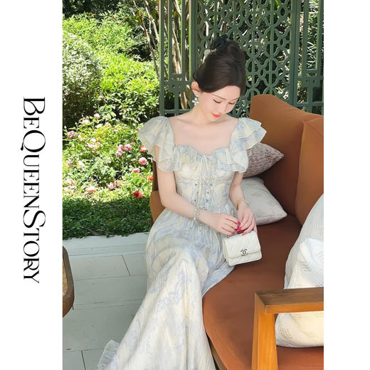 【孤品样衣，不退不换】【倾城之爱】轻盈透气莱赛尔精致烫钻大方领收腰连衣裙成人 商品图4