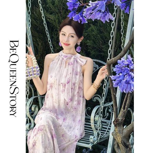 余潇潇【南池花语】2025新品印花压褶绣花漏肩挂脖连衣裙夏季紫色 商品图0