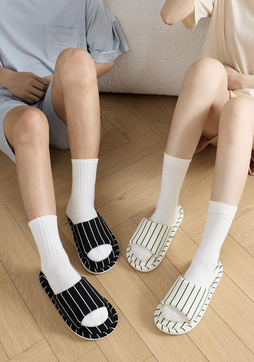 舒适防滑~简约条纹棉麻拖鞋女款室内家居四季软底地板防滑ins吸汗拖鞋布艺 商品图1