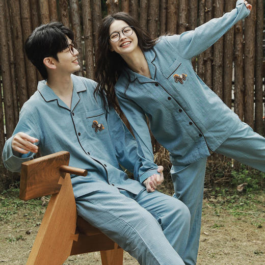 全棉双层纱～情侣款小马刺绣纯棉睡衣男女款 条纹休闲家居服长袖套装 商品图2