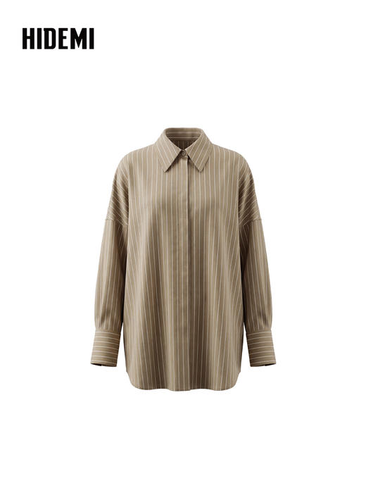 HIDEMI 极简设计感羊毛混纺条纹长袖翻领休闲衬衫 商品图9