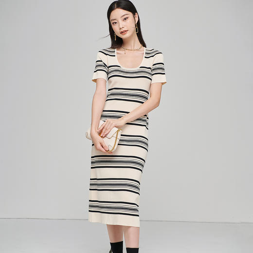 芳外秋季新款气质修身针织长裙时尚条纹露锁骨短袖连衣裙1728 商品图3